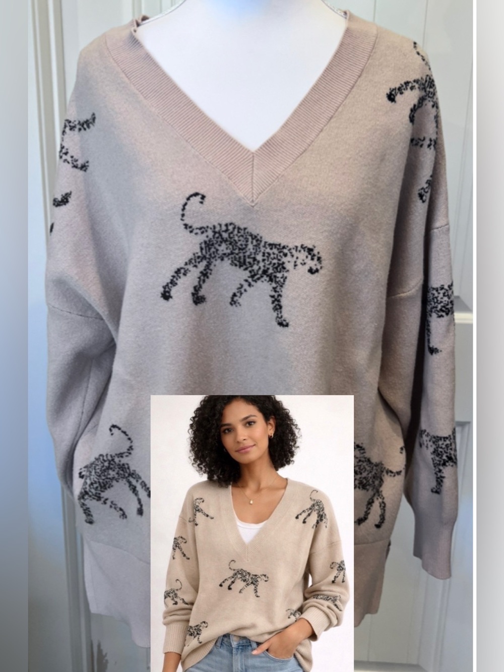Leopard Cheetah V Neck Taupe Pullover Comfy Relaxed Elevated Sweater 2X